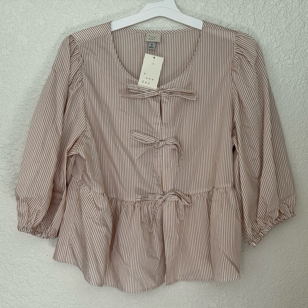 A New Day Elbow Sleeve Peplum Tie-Front Blouse pink/white stripes size XL NEW